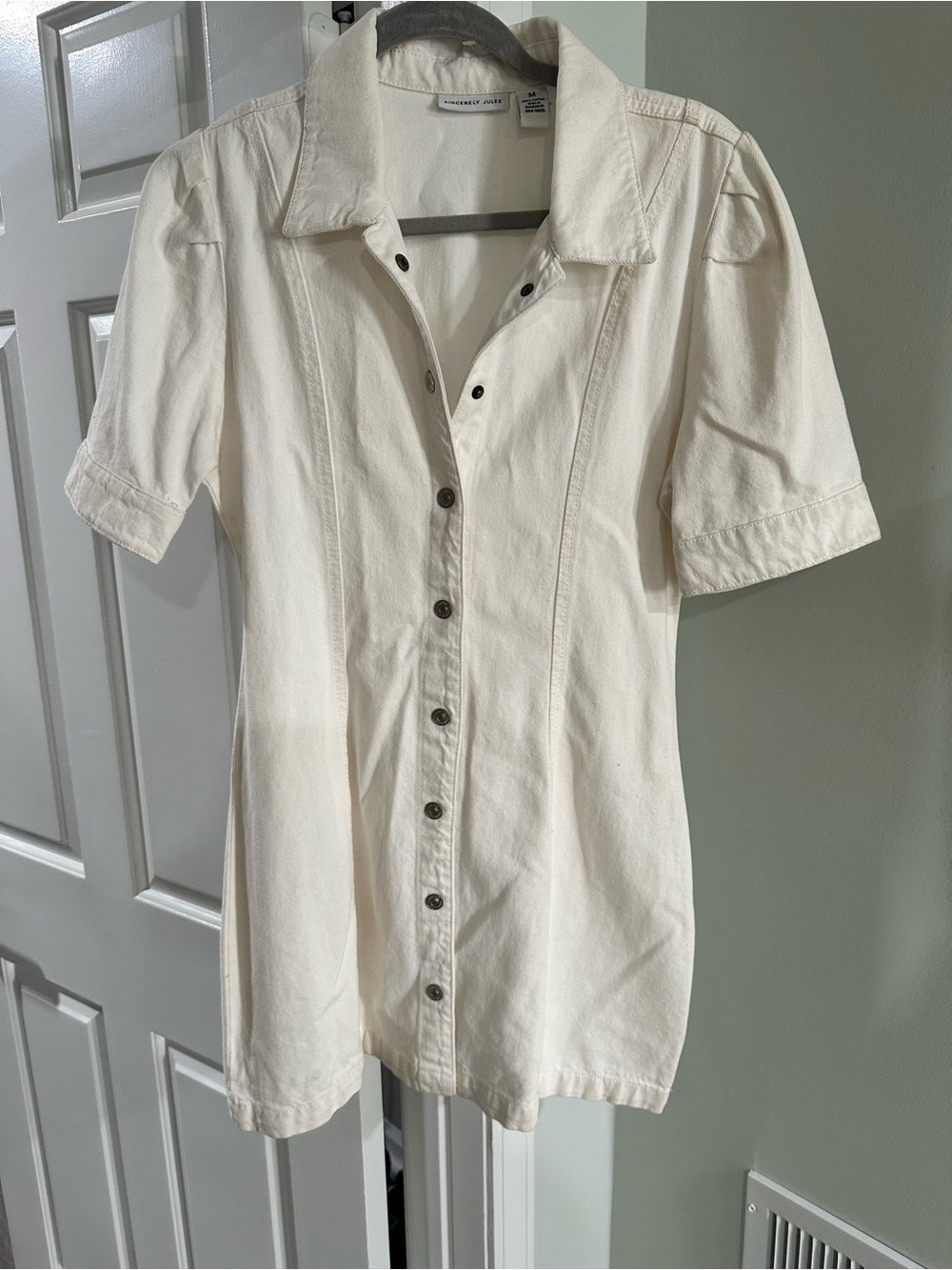 Sincerely Jules Cream Button-Front Jean Short Sleeve Dress